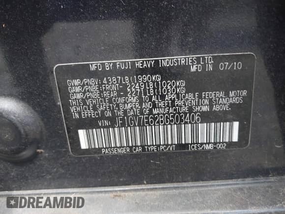 2011 Subaru WRX WRX with VIN JF1GV7E62BG503406, listed as a IAAI auction lot 42741009 with 68,525 mi miles and . Bid and sale history available at DreamBid. Image 9.