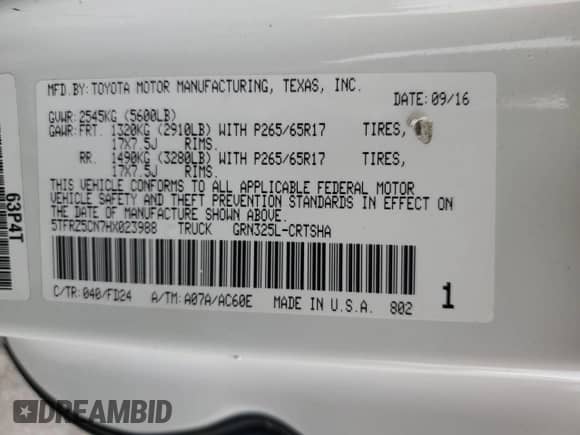 2017 Toyota Tacoma SR5 z VIN 5TFRZ5CN7HX023988, wystawiony jako Copart lot #70519005 z przebiegiem 70 342 mil mil oraz Szkoda całkowita • Salvage title. Historia ofert i sprzedaży dostępna na DreamBid. Obrazek 13.