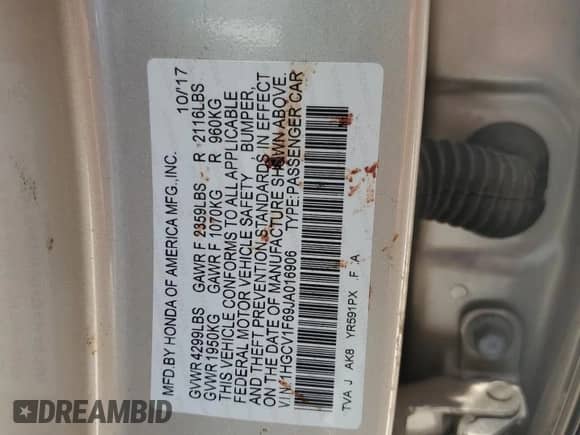 2018 Honda Accord EX-L with VIN 1HGCV1F69JA016906, listed as a Copart auction lot 62182115 with Not provided miles and Salvage title. Bid and sale history available at DreamBid. Image 13.