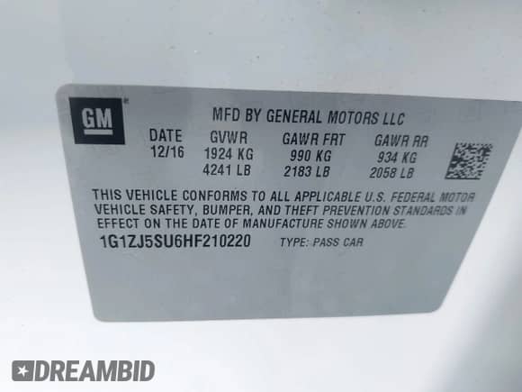 2017 Chevrolet Malibu Hybrid с VIN 1G1ZJ5SU6HF210220, выставлен на аукционе IAAI как лот 43169497 с пробегом Не указан миль и . История ставок и продаж доступна на DreamBid. Изображение 9.