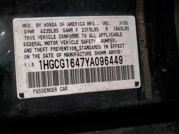 2000 Honda Accord LX z VIN 1HGCG1647YA096449, wystawiony jako Copart lot #54728065 z przebiegiem Nie podano mil oraz Czysty tytuł • Clean title. Historia ofert i sprzedaży dostępna na DreamBid. Obrazek 12.