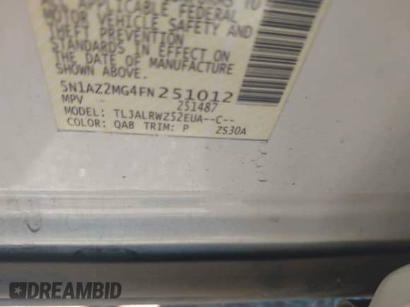 2015 Nissan Murano SL с VIN 5N1AZ2MG4FN251012, выставлен на аукционе IAAI как лот 43139072 с пробегом 86 914 миль миль и . История ставок и продаж доступна на DreamBid. Изображение 9.