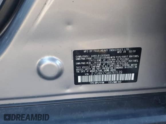 2010 Subaru Forester X Premium с VIN JF2SH6CC5AH783539, выставлен на аукционе Copart как лот 86655965 с пробегом Не указан миль и Чистый • Clean title. История ставок и продаж доступна на DreamBid. Изображение 12.