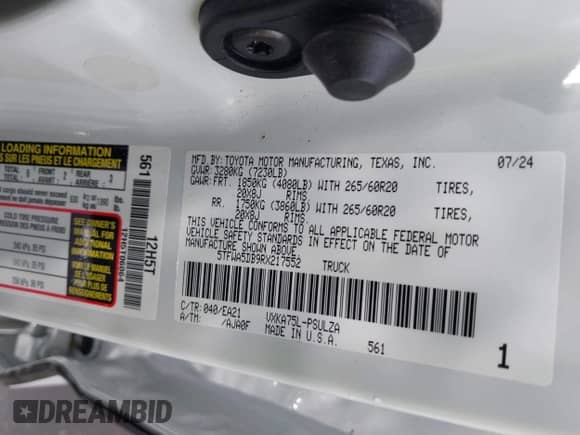 2024 Toyota Tundra Limited z VIN 5TFWA5DB9RX217552, wystawiony jako IAAI lot #41588555 z przebiegiem 3 216 mil mil oraz . Historia ofert i sprzedaży dostępna na DreamBid. Obrazek 9.