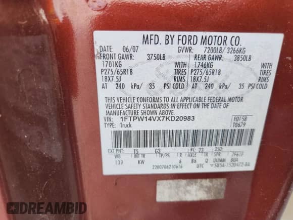 2007 Ford F-150 XLT с VIN 1FTPW14VX7KD20983, выставлен на аукционе Copart как лот 85757885 с пробегом 157 694 миль миль и Чистый • Clean title. История ставок и продаж доступна на DreamBid. Изображение 12.