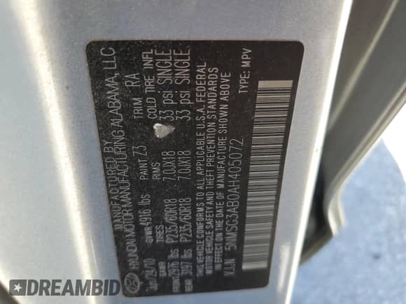 2010 Hyundai Santa Fe GLS with VIN 5NMSG3AB0AH405072, listed as a Copart auction lot 70176135 with Not provided miles and Salvage title. Bid and sale history available at DreamBid. Image 14.