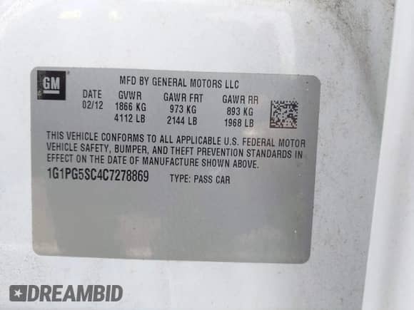 2012 Chevrolet Cruze 2LT with VIN 1G1PG5SC4C7278869, listed as a IAAI auction lot 42608665 with 138,928 mi miles and . Bid and sale history available at DreamBid. Image 9.