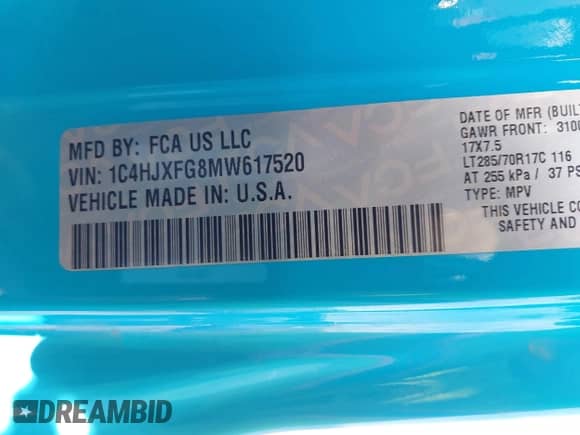 2021 Jeep Wrangler Unlimited Rubicon with VIN 1C4HJXFG8MW617520, listed as a IAAI auction lot 42606473 with 53,299 mi miles and . Bid and sale history available at DreamBid. Image 9.