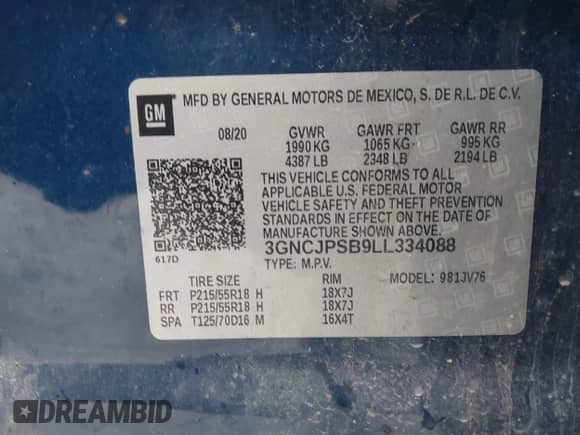 2020 Chevrolet Trax LT with VIN 3GNCJPSB9LL334088, listed as a IAAI auction lot 43489202 with 52,403 mi miles and . Bid and sale history available at DreamBid. Image 9.