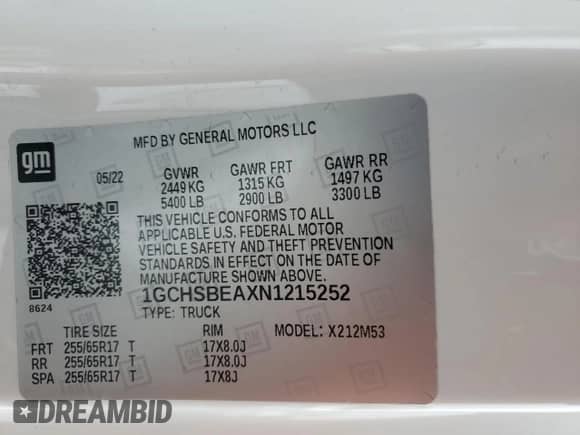 2022 Chevrolet Colorado 2WD Work Truck with VIN 1GCHSBEAXN1215252, listed as a Copart auction lot 87815555 with 50,806 mi miles and Salvage title. Bid and sale history available at DreamBid. Image 12.