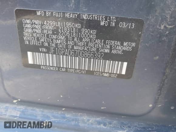 2013 Subaru Impreza Premium with VIN JF1GPAD67DG866392, listed as a IAAI auction lot 43398444 with 264,030 mi miles and . Bid and sale history available at DreamBid. Image 9.