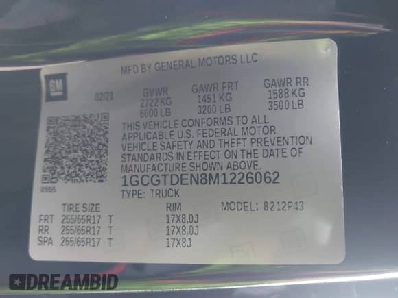 2021 Chevrolet Colorado 4WD Z71 with VIN 1GCGTDEN8M1226062, listed as a IAAI auction lot 41723424 with 20,956 mi miles and . Bid and sale history available at DreamBid. Image 9.