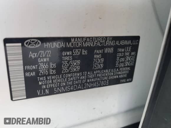 2022 Hyundai Santa Fe Limited с VIN 5NMS4DAL2NH457803, выставлен на аукционе Copart как лот 80713855 с пробегом 41 359 миль миль и Списание • Salvage title. История ставок и продаж доступна на DreamBid. Изображение 12.