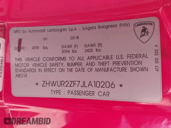 2018 Lamborghini Huracan with VIN ZHWUR2ZF7JLA10206, listed as a IAAI auction lot 43366325 with 22,952 mi miles and . Bid and sale history available at DreamBid. Image 9.