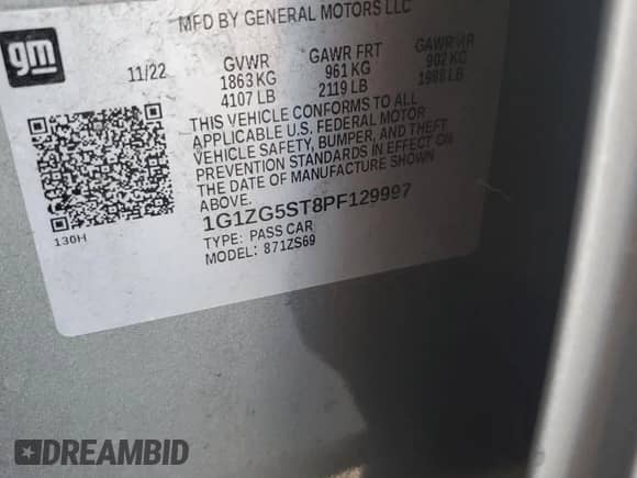 2023 Chevrolet Malibu RS с VIN 1G1ZG5ST8PF129997, выставлен на аукционе Copart как лот 67388825 с пробегом 69 170 миль миль и Списание • Salvage title. История ставок и продаж доступна на DreamBid. Изображение 12.