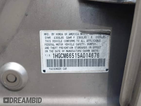 2005 Honda Accord EX-L with VIN 1HGCM66515A014676, listed as a IAAI auction lot 43117077 with 216,049 mi miles and . Bid and sale history available at DreamBid. Image 9.