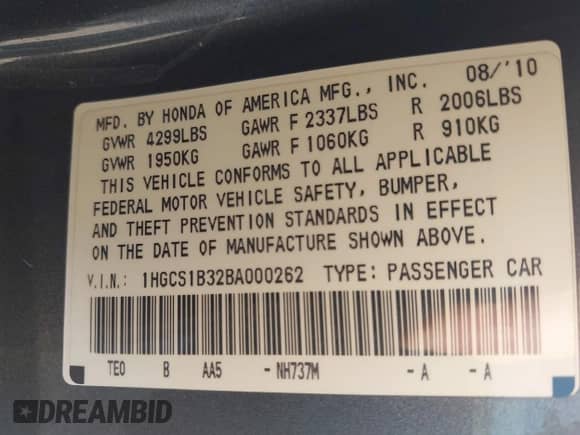 2011 Honda Accord LX-S with VIN 1HGCS1B32BA000262, listed as a IAAI auction lot 43000808 with 167,490 mi miles and . Bid and sale history available at DreamBid. Image 9.