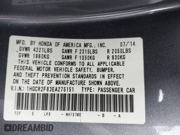 2014 Honda Accord EX-L with VIN 1HGCR2F83EA275151, listed as a IAAI auction lot 43410017 with 136,184 mi miles and . Bid and sale history available at DreamBid. Image 9.