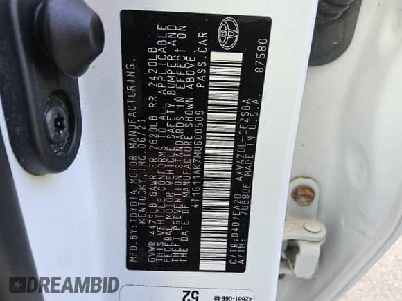 2021 Toyota Camry SE z VIN 4T1G11AK7MU600509, wystawiony jako Copart lot #84381585 z przebiegiem 80 060 mil mil oraz Czysty tytuł • Clean title. Historia ofert i sprzedaży dostępna na DreamBid. Obrazek 12.