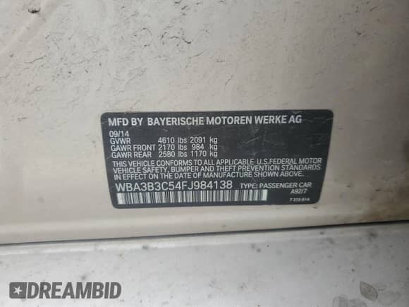 2015 BMW 3 Series 328i xDrive with VIN WBA3B3C54FJ984138, listed as a Copart auction lot 85510905 with 179,694 mi miles and Clean title. Bid and sale history available at DreamBid. Image 12.