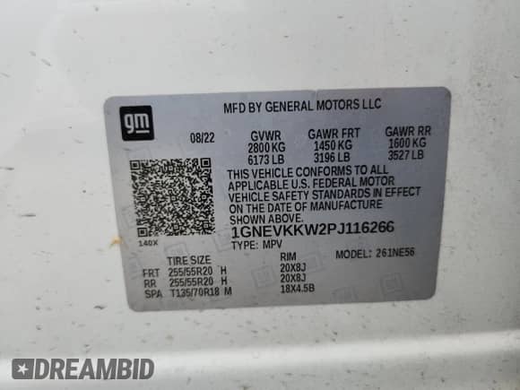 2023 Chevrolet Traverse Premier z VIN 1GNEVKKW2PJ116266, wystawiony jako Copart lot #70329845 z przebiegiem Nie podano mil oraz Szkoda całkowita • Salvage title. Historia ofert i sprzedaży dostępna na DreamBid. Obrazek 12.