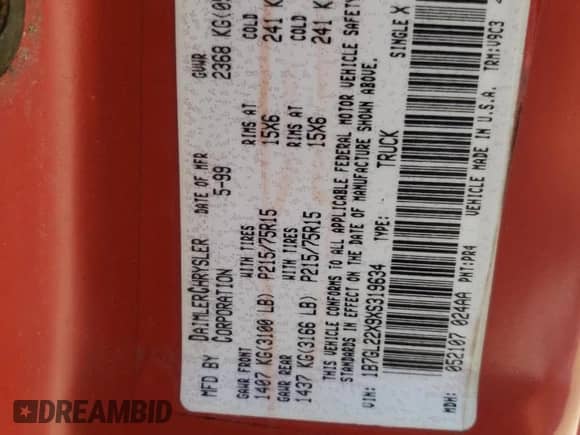 1999 Dodge Dakota SLT with VIN 1B7GL22X9XS319634, listed as a Copart auction lot 62074575 with 190,924 mi miles and Salvage title. Bid and sale history available at DreamBid. Image 12.