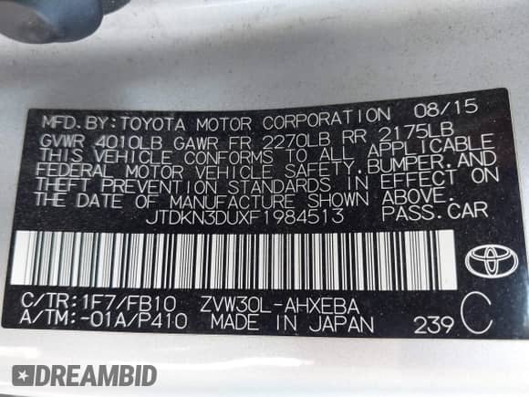 2015 Toyota Prius Two with VIN JTDKN3DUXF1984513, listed as a IAAI auction lot 43105789 with 109,652 mi miles and . Bid and sale history available at DreamBid. Image 9.