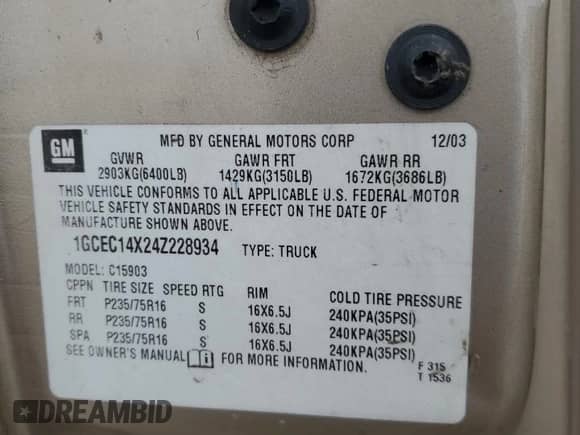 2004 Chevrolet Silverado 1500 Work Truck z VIN 1GCEC14X24Z228934, wystawiony jako Copart lot #55219275 z przebiegiem Nie podano mil oraz Szkoda całkowita • Salvage title. Historia ofert i sprzedaży dostępna na DreamBid. Obrazek 12.