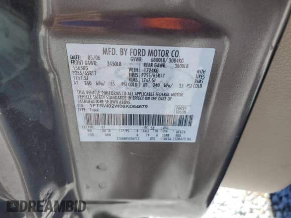 2006 Ford F-150 XLT with VIN 1FTRW02W06KD64679, listed as a Copart auction lot 88233135 with 188,608 mi miles and Clean title. Bid and sale history available at DreamBid. Image 12.