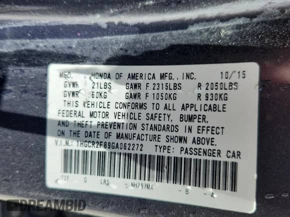 2016 Honda Accord EX-L with VIN 1HGCR2F89GA062272, listed as a Copart auction lot 62715755 with 94,398 mi miles and Clean title. Bid and sale history available at DreamBid. Image 12.