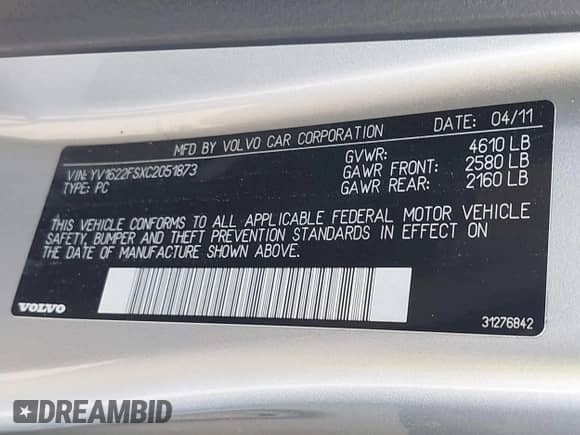 2012 Volvo S60 T5 с VIN YV1622FSXC2051873, выставлен на аукционе IAAI как лот 43013409 с пробегом 94 721 миль миль и . История ставок и продаж доступна на DreamBid. Изображение 9.