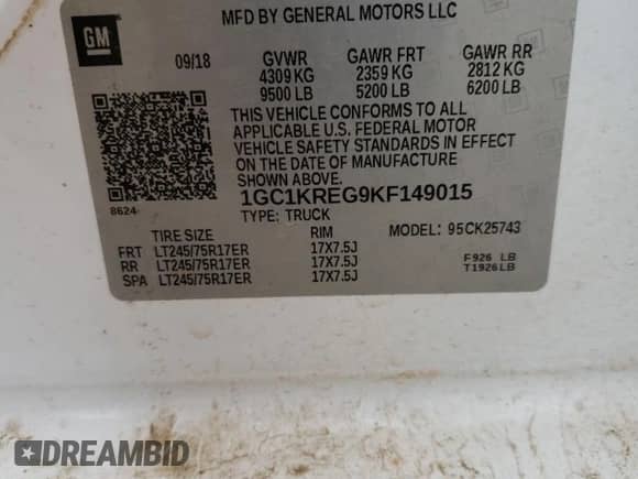 2019 Chevrolet Silverado 2500HD Work Truck z VIN 1GC1KREG9KF149015, wystawiony jako Copart lot #69301074 z przebiegiem 190 327 mil mil oraz Szkoda całkowita • Salvage title. Historia ofert i sprzedaży dostępna na DreamBid. Obrazek 12.