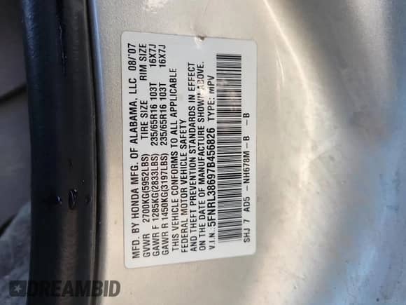 2007 Honda Odyssey EX-L z VIN 5FNRL38697B456826, wystawiony jako Copart lot #85890275 z przebiegiem 287 303 mil mil oraz Czysty tytuł • Clean title. Historia ofert i sprzedaży dostępna na DreamBid. Obrazek 13.