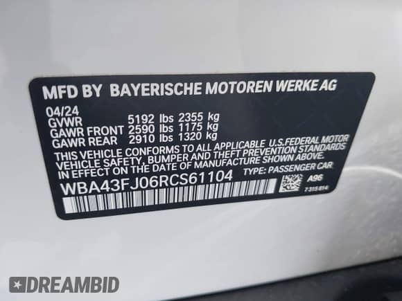 2024 BMW 5 Series 530i with VIN WBA43FJ06RCS61104, listed as a IAAI auction lot 43056084 with Not provided miles and . Bid and sale history available at DreamBid. Image 9.