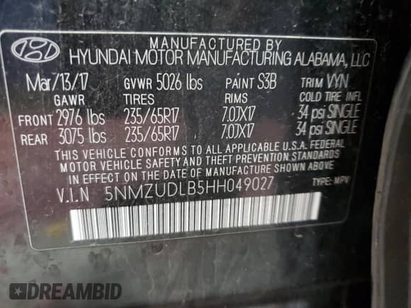 2017 Hyundai Santa Fe 2.4L with VIN 5NMZUDLB5HH049027, listed as a Copart auction lot 86816465 with 154,517 mi miles and Clean title. Bid and sale history available at DreamBid. Image 13.