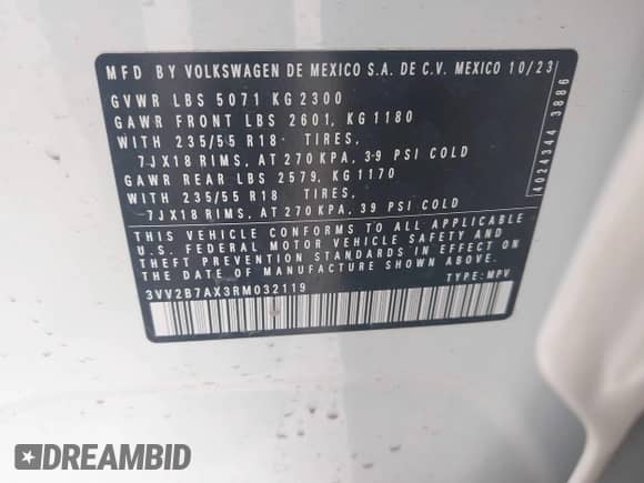 2024 Volkswagen Tiguan SE с VIN 3VV2B7AX3RM032119, выставлен на аукционе IAAI как лот 42525680 с пробегом 21 680 миль миль и . История ставок и продаж доступна на DreamBid. Изображение 9.