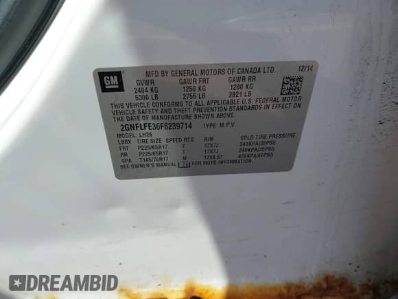 2015 Chevrolet Equinox LT z VIN 2GNFLFE36F6239714, wystawiony jako IAAI lot #41995963 z przebiegiem 179 870 mil mil oraz . Historia ofert i sprzedaży dostępna na DreamBid. Obrazek 9.