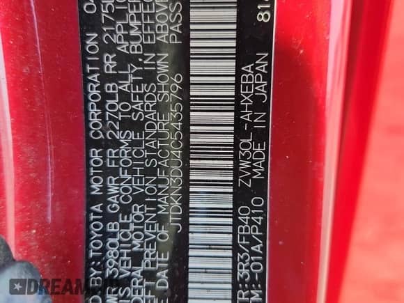 2012 Toyota Prius One с VIN JTDKN3DU4C5435796, выставлен на аукционе Copart как лот 81117385 с пробегом Не указан миль и Списание • Salvage title. История ставок и продаж доступна на DreamBid. Изображение 12.
