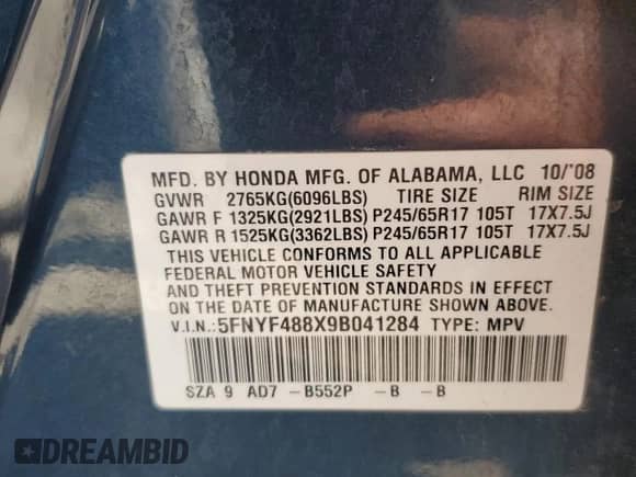 2009 Honda Pilot Touring with VIN 5FNYF488X9B041284, listed as a Copart auction lot 64602555 with 273,147 mi miles and Salvage title. Bid and sale history available at DreamBid. Image 13.