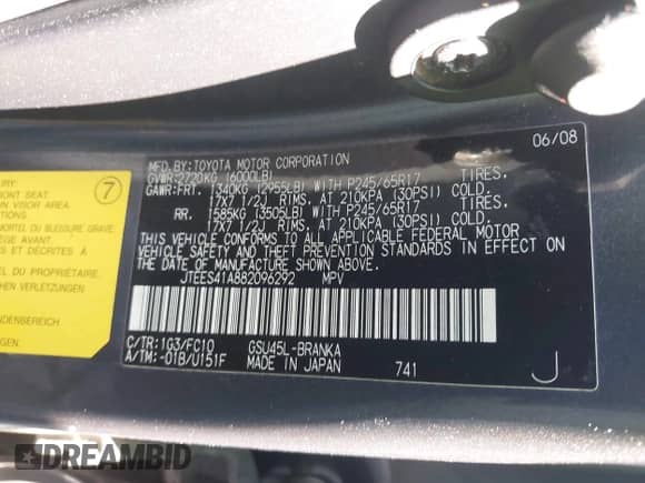 2008 Toyota Highlander z VIN JTEES41A882096292, wystawiony jako IAAI lot #42549928 z przebiegiem Nie podano mil oraz . Historia ofert i sprzedaży dostępna na DreamBid. Obrazek 9.