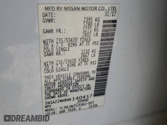 2017 Nissan Murano S with VIN 5N1AZ2MH8HN140457, listed as a Copart auction lot 58435195 with 71,910 mi miles and Salvage title. Bid and sale history available at DreamBid. Image 13.