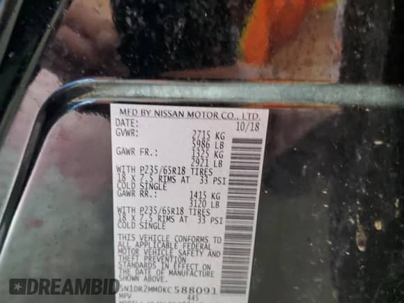 2019 Nissan Pathfinder S z VIN 5N1DR2MM0KC588091, wystawiony jako Copart lot #68850985 z przebiegiem 91 195 mil mil oraz Szkoda całkowita • Salvage title. Historia ofert i sprzedaży dostępna na DreamBid. Obrazek 14.