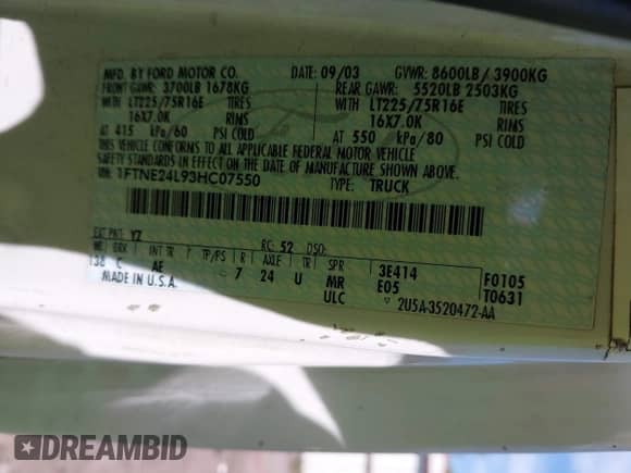 2003 Ford Econoline Cargo with VIN 1FTNE24L93HC07550, listed as a IAAI auction lot 42146707 with 227,224 mi miles and . Bid and sale history available at DreamBid. Image 9.