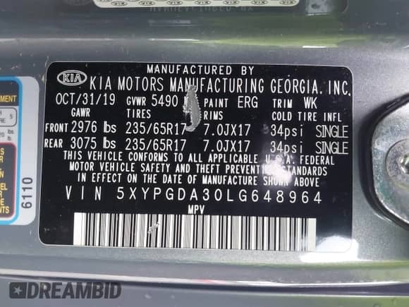 2020 Kia Sorento LX with VIN 5XYPGDA30LG648964, listed as a IAAI auction lot 42219602 with 71,781 mi miles and . Bid and sale history available at DreamBid. Image 9.