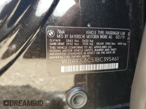 2011 BMW 7 Series 750i xDrive with VIN WBAKC6C51BC395461, listed as a Copart auction lot 62537865 with 87,689 mi miles and Clean title. Bid and sale history available at DreamBid. Image 12.