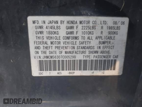 2007 Honda Accord LX SE с VIN JHMCM56307C005299, выставлен на аукционе IAAI как лот 43221672 с пробегом 356 767 миль миль и . История ставок и продаж доступна на DreamBid. Изображение 9.