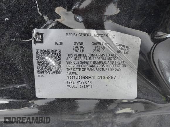 2020 Chevrolet Sonic LT with VIN 1G1JG6SB1L4135267, listed as a IAAI auction lot 41717139 with 62,834 mi miles and . Bid and sale history available at DreamBid. Image 9.