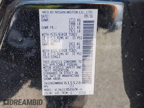 2017 Nissan Pathfinder Platinum z VIN 5N1DR2MM6HC615528, wystawiony jako IAAI lot #42349325 z przebiegiem 155 632 mil mil oraz . Historia ofert i sprzedaży dostępna na DreamBid. Obrazek 9.