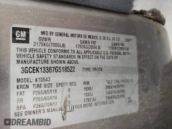 2007 Chevrolet Silverado 1500 LTZ z VIN 3GCEK13387G518522, wystawiony jako Copart lot #82275535 z przebiegiem 274 807 mil mil oraz Szkoda całkowita • Salvage title. Historia ofert i sprzedaży dostępna na DreamBid. Obrazek 12.