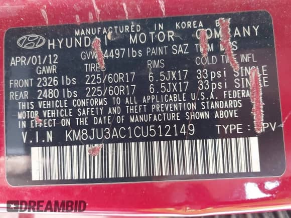 2012 Hyundai Tucson GLS with VIN KM8JU3AC1CU512149, listed as a IAAI auction lot 43270418 with 167,009 mi miles and . Bid and sale history available at DreamBid. Image 9.